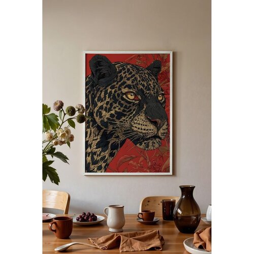 Wallxpert uramljena slika 115268, portret leoparda na crvenoj pozadini, 50 x 70 cm, beli ram Cene