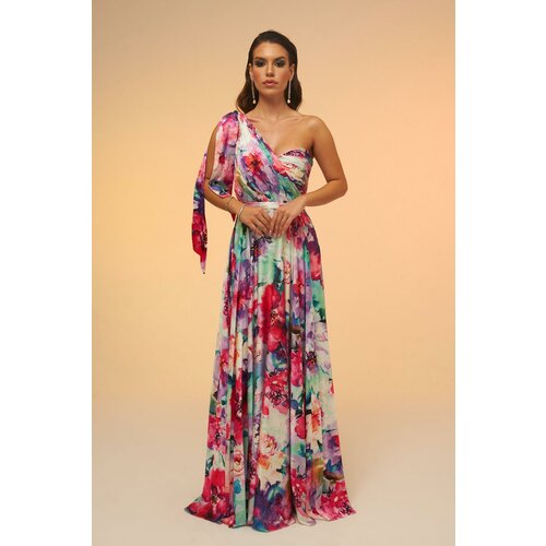 Carmen Fuchsia Printed Single Sleeve Long Evening Dress Slike