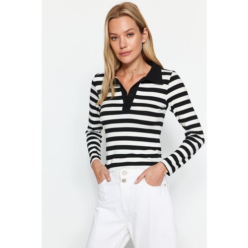 Trendyol Black Striped Soft Fabric Fitted/Simple Polo Collar Flexible Knitted Blouse with Buttons Slike