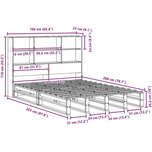 VidaXL Krevet s regalom za knjige bez madraca bijeli 160x200cm od drva Slike