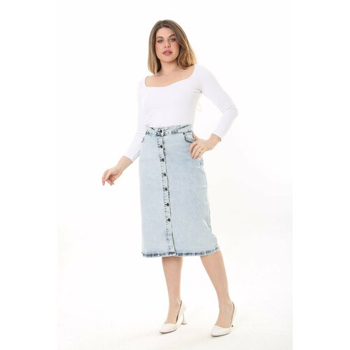 Şans Women's Plus Size Blue Front Buttoned Denim Skirt Slike