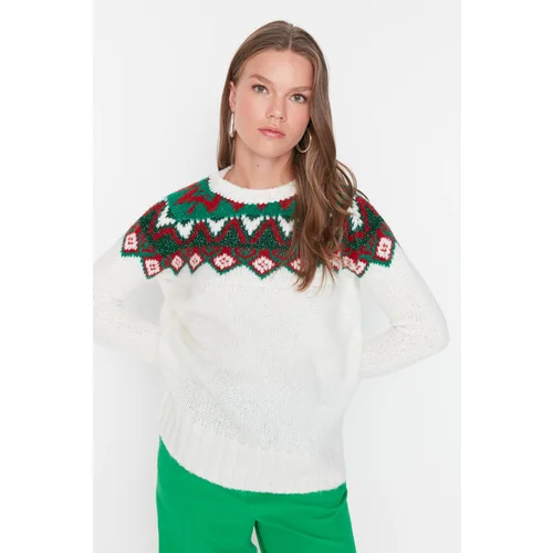 Trendyol Ecru Christmas Patterned Oversize Knitwear Sweater