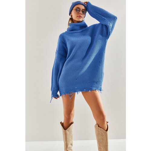 Bianco Lucci Women&amp;#039;s Ripped Patterned Turtleneck Knitwear Sweater Slike