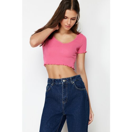 Trendyol Pink Pool Collar Baby Overlock Detailed Crop Ribbed Stretchy Knitted Blouse Cene
