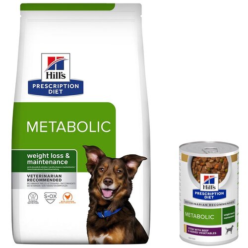 Hill&amp;rsquo;s Prescription Diet Metabolic suha hrana + mokra hrana gratis! - 6,5 kg Weight Management piletina + 3 x 354 g Weight Management govedina i povrće Slike