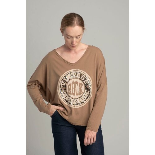 Italy Moda Camel oversize blouse with a shiny print Cene