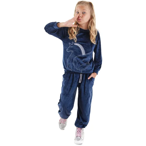 Denokids Navy Blue Velvet Unicorn Girl's Tracksuit Set