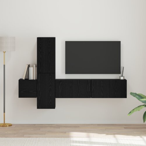  Set TV komoda s policom Zidne s pohranom s vratima 5 pcs Crni hrast Konstruirano drvo Cijene