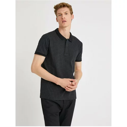 Koton Men's Black Check Cotton Slim Fit Polo Neck T-Shirt