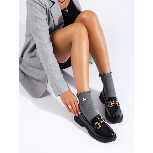 SHELOVET Lacquered black loafers with gold buckle Cene