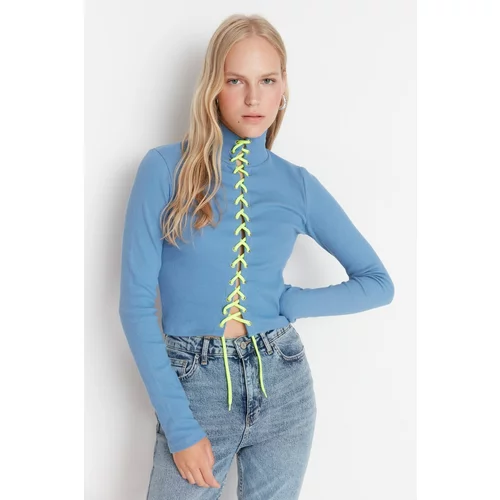Trendyol Blue Ribbed Tie Detailed Fitted Knitted Blouse