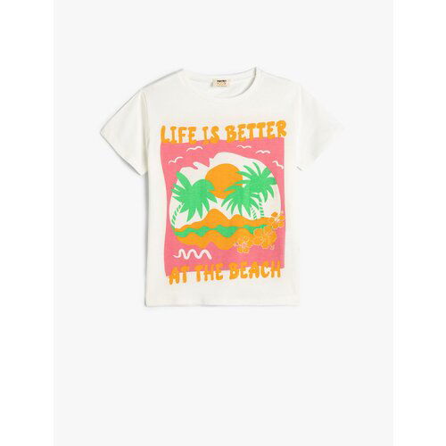 Koton T-Shirt Short Sleeve Crew Neck Summer Theme Print Detailed Cotton Cene