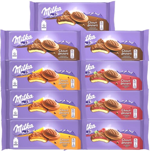 Milka 2 paket slatkša choco desert ukusi maline, čokolade i narandže, 9 komada Slike