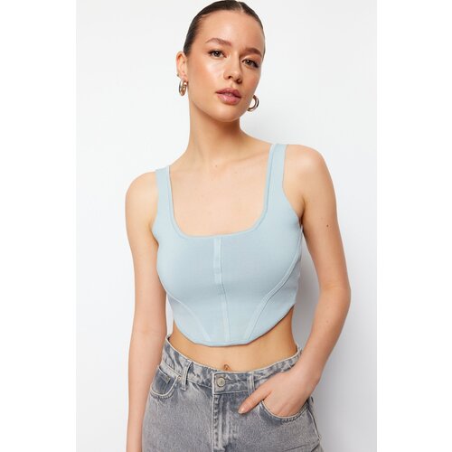 Trendyol Blue Crop Top Corset Detailed Knitwear Blouse Cene