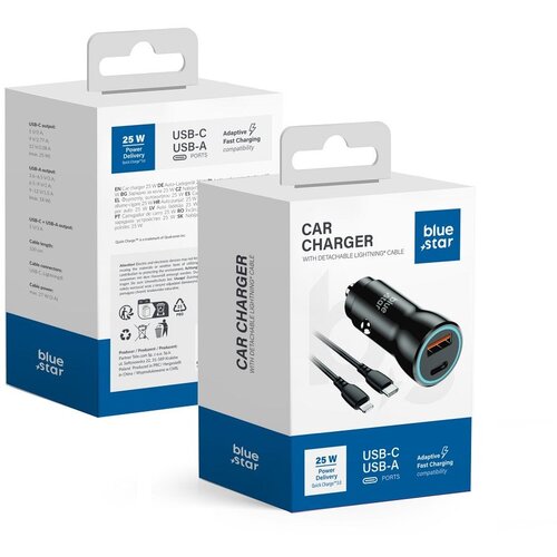 Blue Star auto punjač 25W (pd, qc 3.0, afc, pps) + usb c port + kabal type c na lightning 3A crni Slike