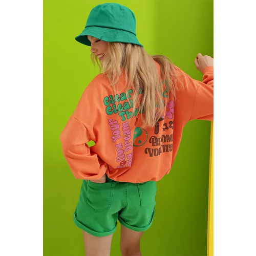 Trend Alaçatı Stili Women's Orange Crew Neck Printed Sweatshirt