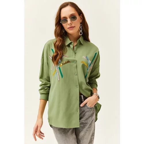 Olalook Women's Mustard Green Color Sequin Stick Woven Shirt