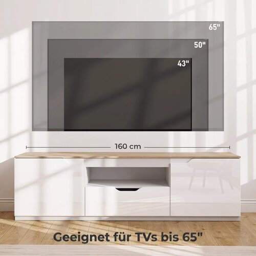  Niski TV ormarić visoki sjaj za TV do 65 3 pretinca ladica 160 x 38 x 43 cm prirodno drvo Slike