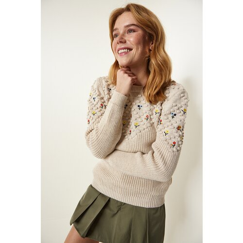 Happiness İstanbul Cream Floral Embroidered Textured Knitwear Sweater Slike