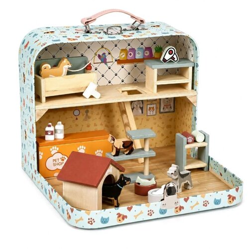 ECO TOYS Lesena trgovina za hi&amp;scaron;ne ljubljenčke v prenosni torbi, set 23 dodatkov Slike