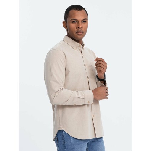 Ombre men's regilar fit cotton shirt with pocket - beige Slike