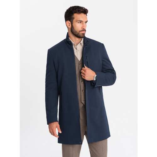 Ombre Men's tailored structured coat with high collar - navy blue Slike