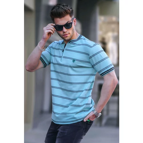 Madmext Mint Green Striped Polo Neck Men's T-Shirt 5874
