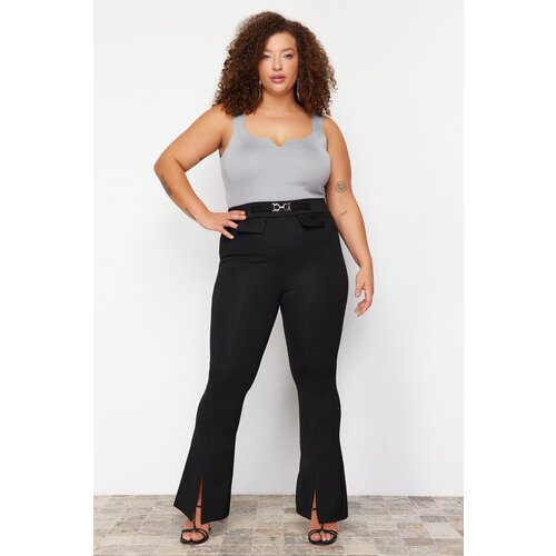 Trendyol curve black high waist buckle detailed spanish leg knitted trousers Slike