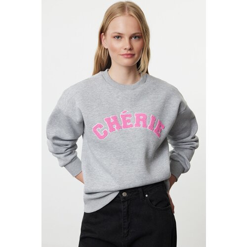 Trendyol Gray Melange Thick Inside Fleece Oversize/Relaxed Cut Slogan Embroidered Knitted Sweatshirt Cene