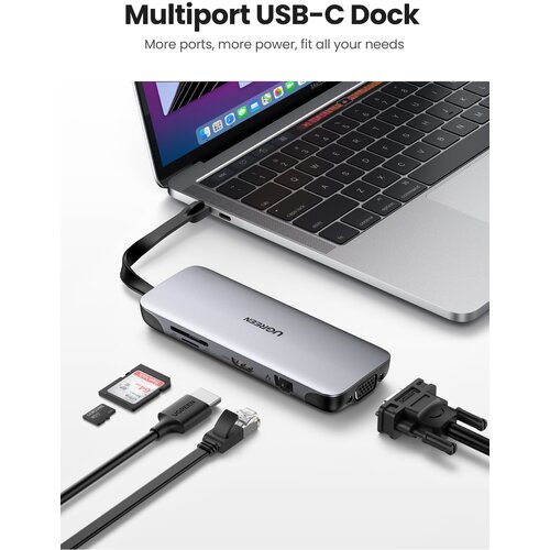 Ugreen kabel usb-c 9v1 hub 3*USB3.0+HDMI+VGA+RJ45 gigabit+sd&amp;amp;amp;tf +pd Slike