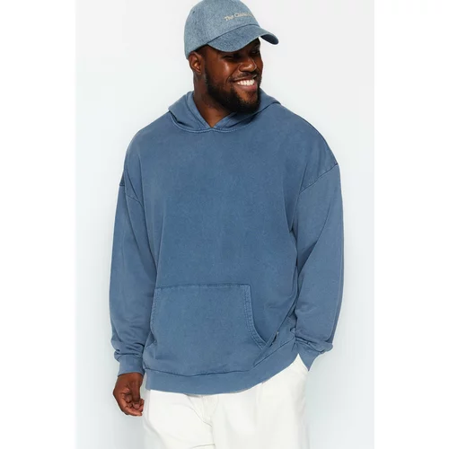 Trendyol Indigo Men's Relaxed/Comfortable Cut, Wash-Effective Hooded 100% Cotton Sweatshirt.