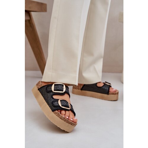 PE1 Slides With Braiding And Buckles On A Massive Platform Black Aralissea Slike