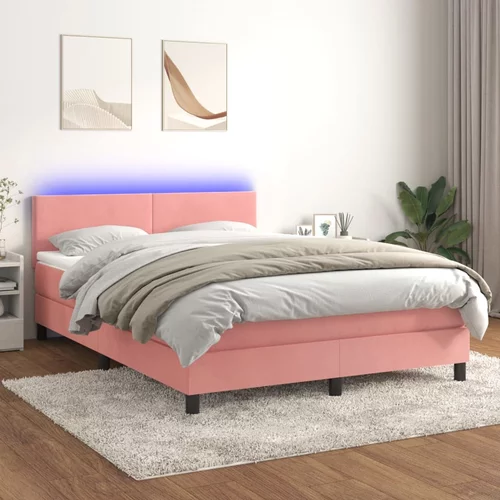 vidaXL Box spring postelja z vzmetnico LED roza 140x190 cm žamet
