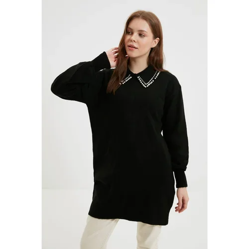 Trendyol Black Polo Collar Pearl Detailed Knitwear Sweater