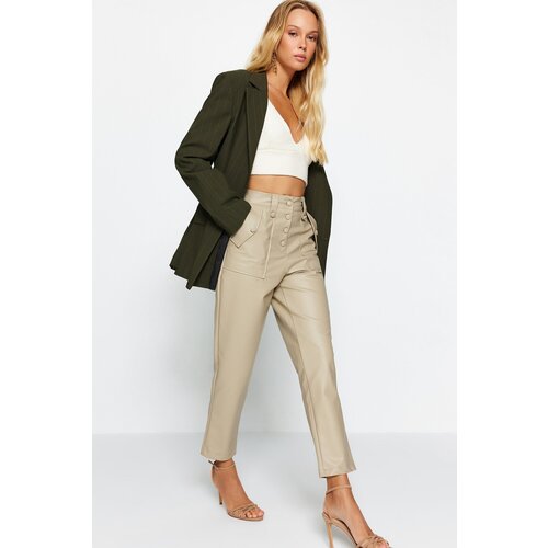 Trendyol Mink Carrot Weave Faux Leather Pants with Buttons at the Front Cene