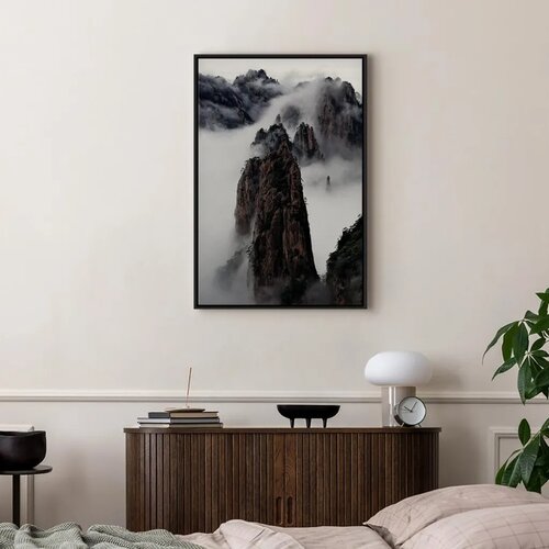  Slika - High Mountains in Mist (1-part) - Landscape of Clouds Amid Rocks 60x90 U crnom drvenom okviru Slike