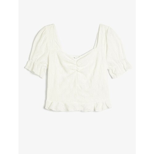 Koton Embroidered T-Shirt Sweetheart Neck Balloon Sleeves Frilly Slike