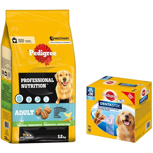 Pedigree Professional Nutrition Adult 12 kg + Dentastix 56 kosov po posebni ceni! - Adult s perutnino in zelenjavo 12 kg + Multi pakiranje Dentastix (56 kosov) za velike pse (>25 kg) Cene