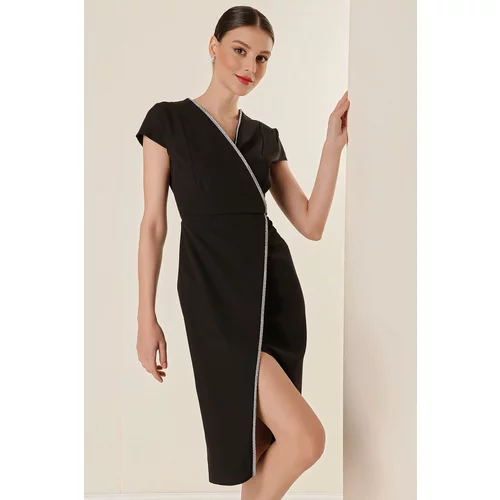 By Saygı Double Breasted Neck Half Moon Sleeve Stone Detailed Dress with Front Slit