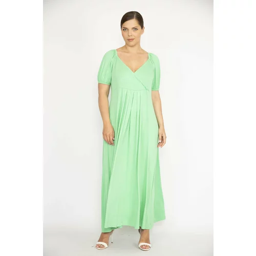 Şans Women's Plus Size Green Elastic Detailed Shoulder And Arm Cuff Dress With Wrap Neck