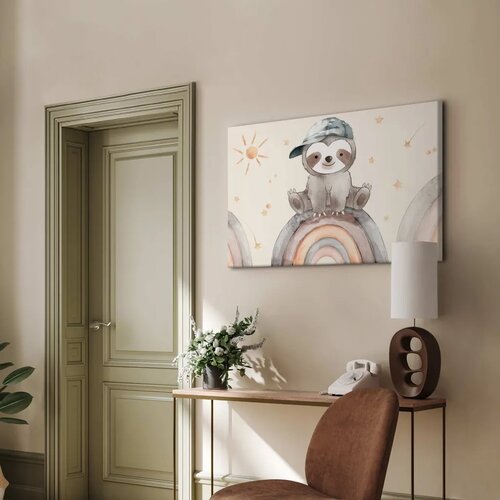  Slika - Happy Sloth - Sloth in Subdued Colors Wearing a Cap Sitting on a Rainbow Among Little Stars 90x60 Premium Print Slike