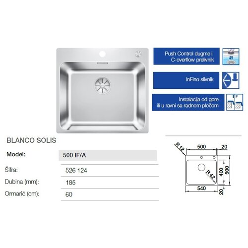 Blanco sudoper SOLIS 500-IF/A InFino INOX 18/10, s dalj.upr. PushControl Slike
