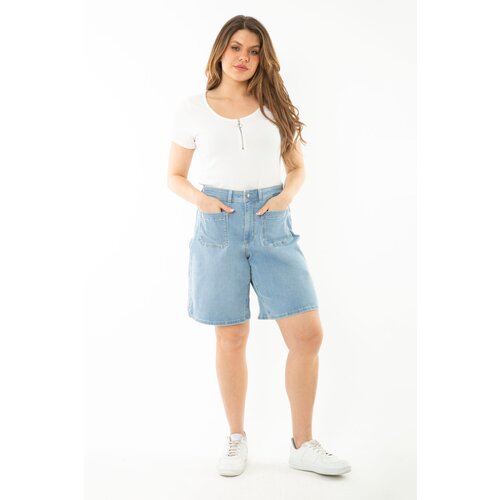 Şans Women's Plus Size Blue Lycra 5-Pocket Denim Shorts Slike