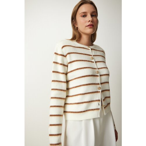  Women's Bone Brown Stylish Buttoned Striped Knitwear Cardigan Cene