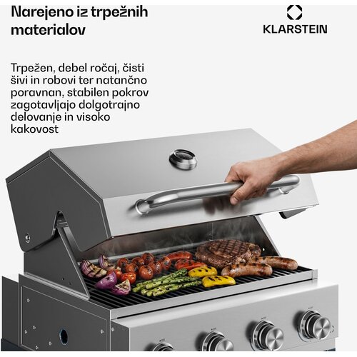 Klarstein WaldChef plinski ro&amp;scaron;tilj | 4 plamenika | 30 mbar | 12800 W | Re&amp;scaron;etka od lijevanog željeza | Nehrđajući čelik Slike