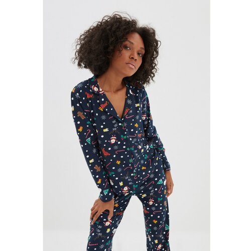 Trendyol Navy Blue Christmas Themed Knitted Pajamas Set Slike