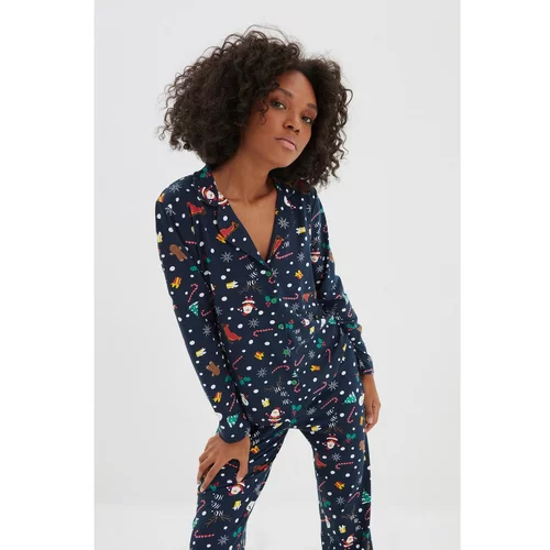 Trendyol Navy Blue Christmas Themed Knitted Pajamas Set