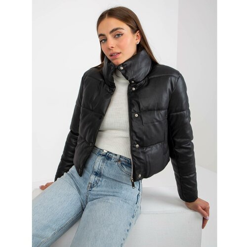 Fashion Hunters Black short down jacket made of eco-leather with pockets Slike