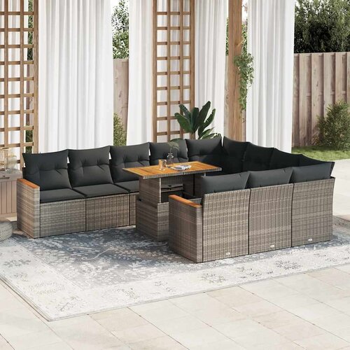 VidaXL 11-dijelni set vrtnih sofa poliratan i bagrem s jastucima sivi Slike