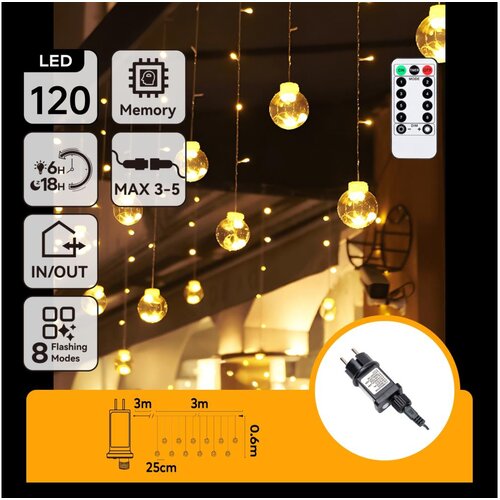 Aigostar led spolja&scaron;nji božićni lanac 120xLED/6W/230V/8 funkcija 3x0,6m IP44 topla bela+daljinski upravljač Cene